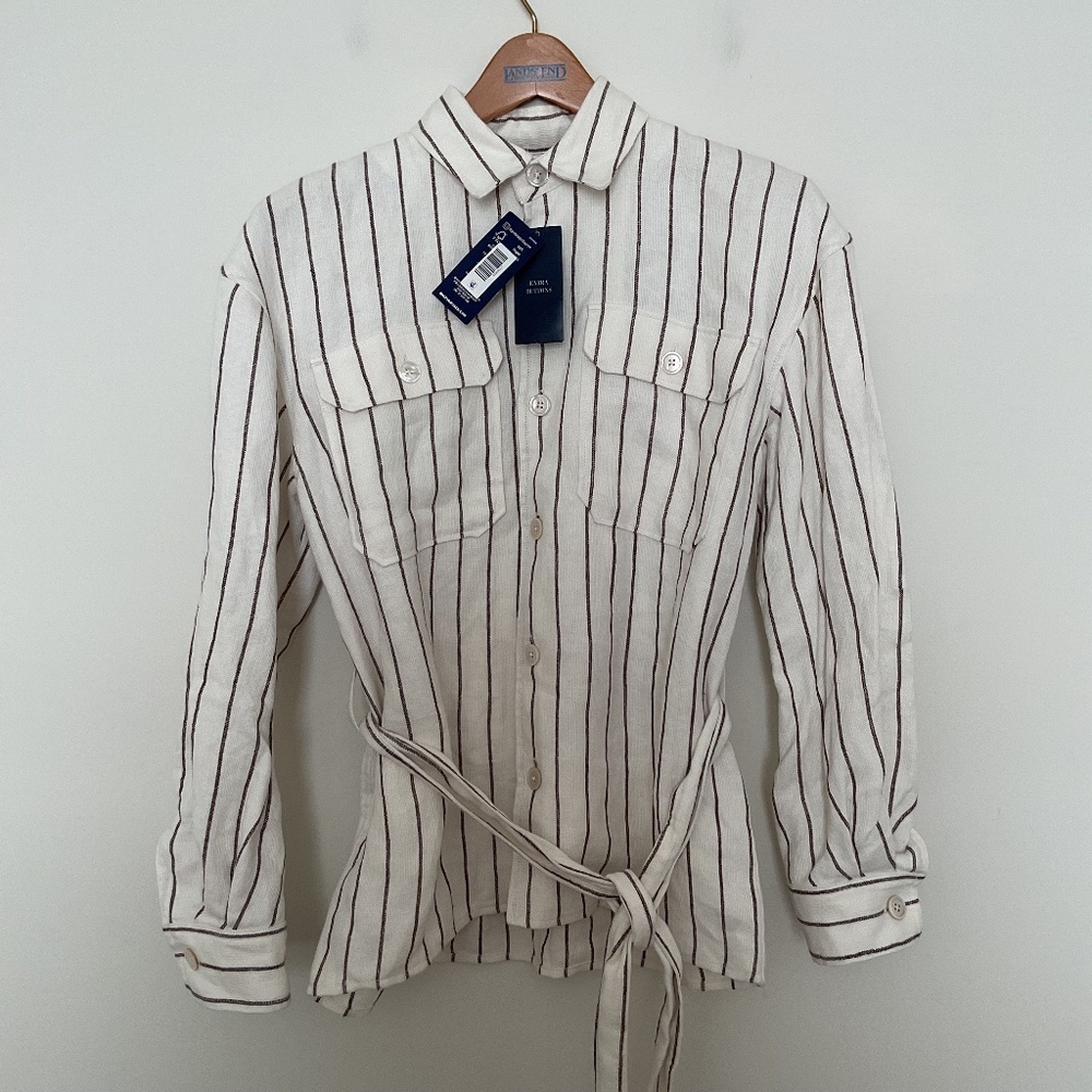 Polo Ralph Lauren Womens 6 Belted Striped Linen Utility Shirt Cream & Brown $298